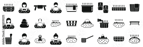 Japanese onsen icons set. Set of simple black and white icons representing various aspects of onsen and hot springs culture, showing people bathing and related equipment