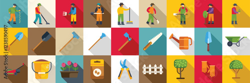 Lawn worker icons set. Gardeners planting and using gardening tools like rake, bucket, watering can, gloves, wheelbarrow and lawnmower