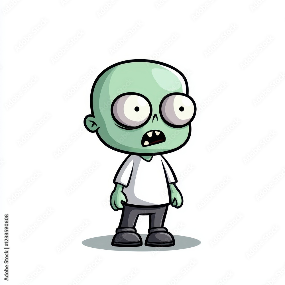 Fantasy zombie cartoon character concept art featuring a childlike green zombie in a simple outfit, expressing surprise in a minimalistic setting Fantasy zombie cartoon character concept art featuring a childlike green zombie in a simple outfit, expressing surprise in a minimalistic setting
