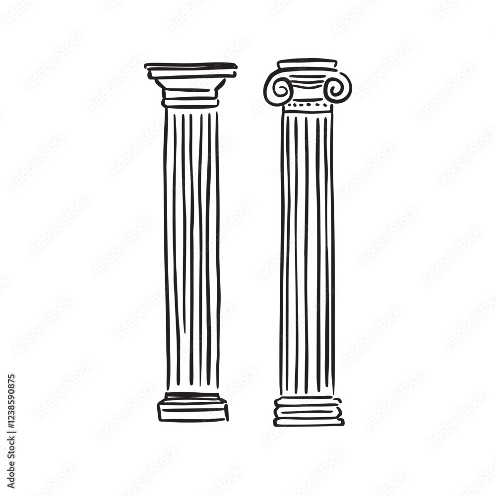 Obraz premium Two types of Roman Greek column; Doric and Ionic. Hand drawn sketch as a vector. Individual elements. Architecture ancient, stone ware, stone carving.