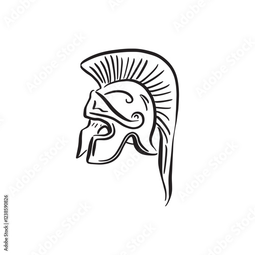 A Greek helmet drawn by hand in black and white sketchy style. Vectorised doodle, side profile. Roman metal helmet.