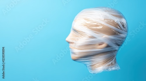 The sight of a head wrapped in clear plastic presents a captivating image, showcasing intricate details and gentle lighting that contrasts beautifully against a rich blue background photo