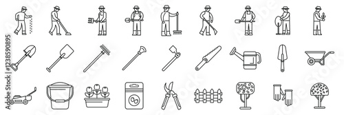Lawn worker icons set. Gardeners working, planting trees, flowers, and using various gardening tools and equipment