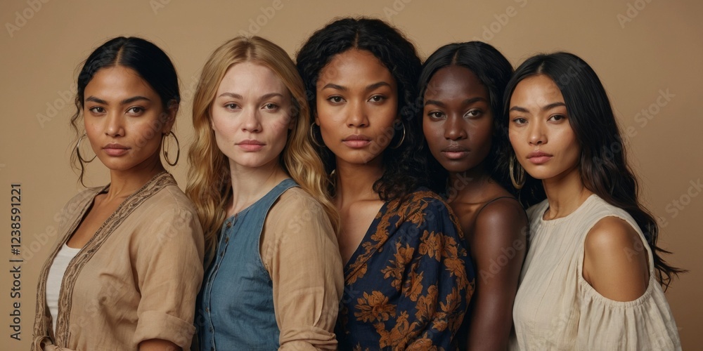 Diverse group of women showcasing unique styles and beauty against a neutral background Diverse group of women showcasing unique styles and beauty against a neutral background