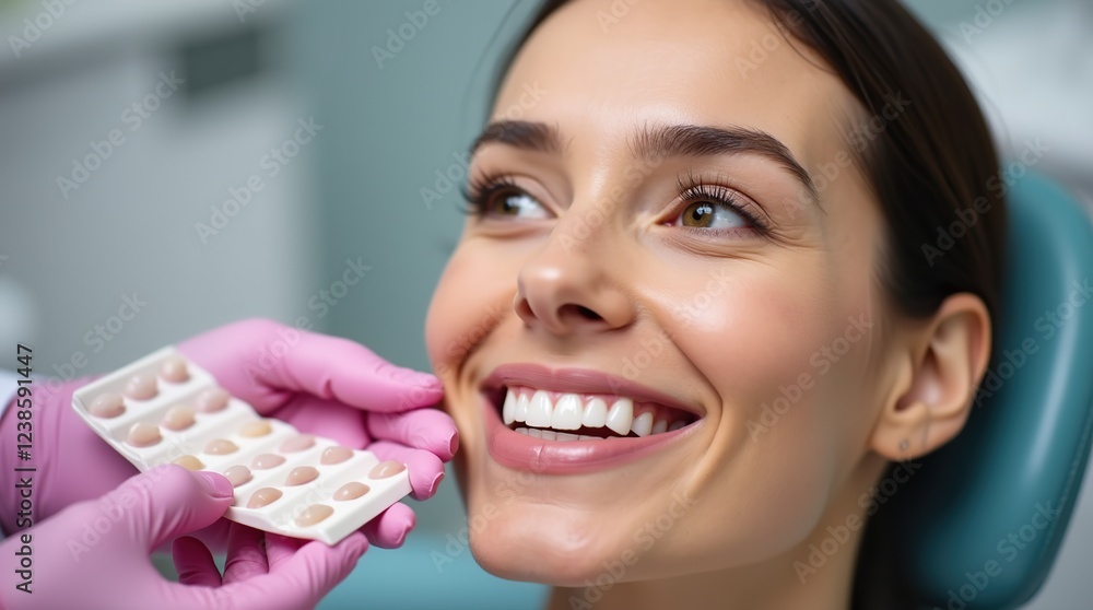 Close-Up of Smiling Woman During Dental Color Matching Procedure at the Dentist Close-Up of Smiling Woman During Dental Color Matching Procedure at the Dentist