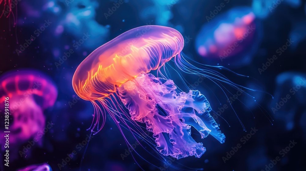 Obraz premium Ethereal Jellyfish Glowing in Neon Colors Underwater Scene with Vibrant Light Effects, Captivating Marine Life Beauty in Deep Sea Aquarium