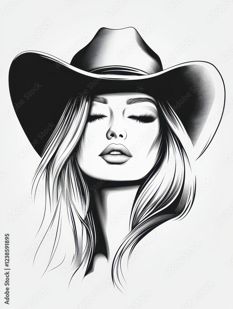Black and white digital art of a woman wearing a wide-brimmed hat with closed eyes, exuding serenity and elegance in a contemporary minimalist style Black and white digital art of a woman wearing a wide-brimmed hat with closed eyes, exuding serenity and elegance in a contemporary minimalist style