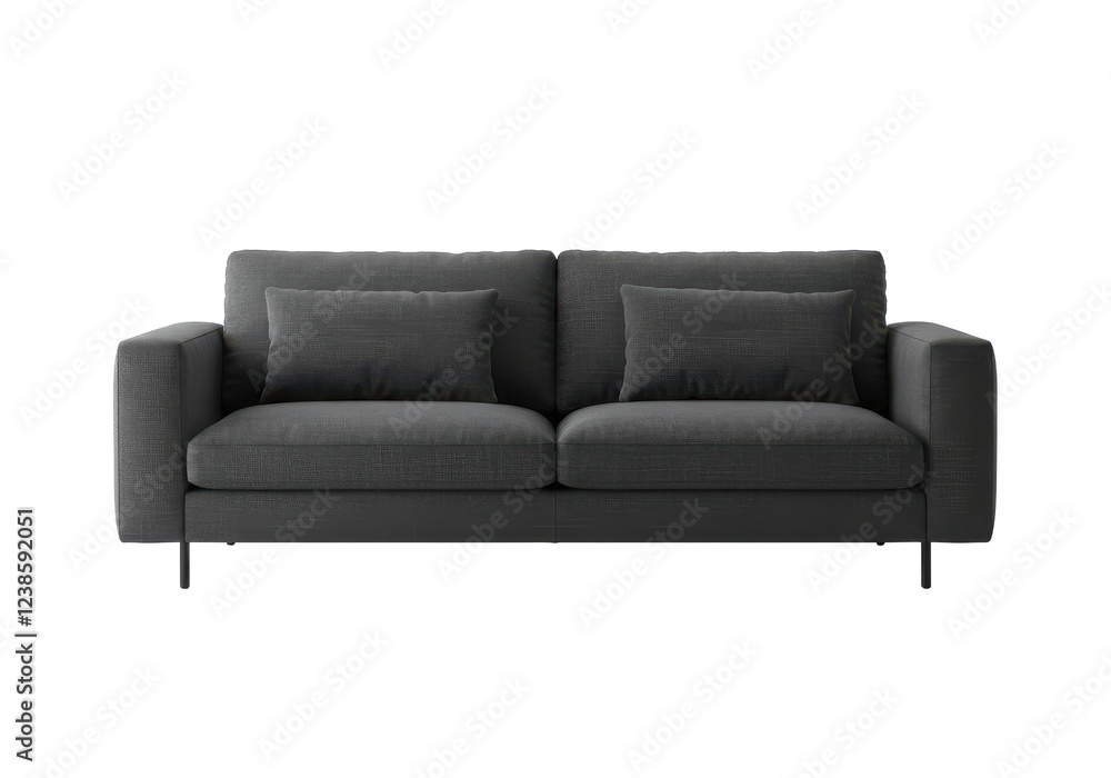 Minimalist dark gray fabric sofa with two large cushions and square armrests, isolated on white background Minimalist dark gray fabric sofa with two large cushions and square armrests, isolated on white background