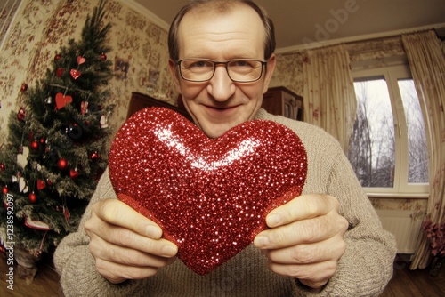 Sign of love and affection. Adult valentine's day greeting card: midlife man with happy face holds red heart in hands. Commercial ad campaign graphic pattern. Valentine's outdoor picnic. photo