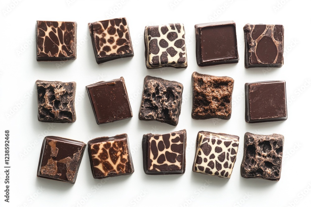 Indulgent dark chocolate pieces arranged on a clean white background for gourmet dessert promotions Indulgent dark chocolate pieces arranged on a clean white background for gourmet dessert promotions
