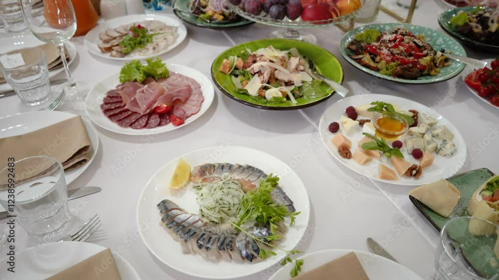 Catering service on banquet table with canape snacks in restaurant or hotel. Decorated food set on birthday, wedding celebration or business conference event venue. Catering service on banquet table with canape snacks in restaurant or hotel. Decorated food set on birthday, wedding celebration or business conference event venue.