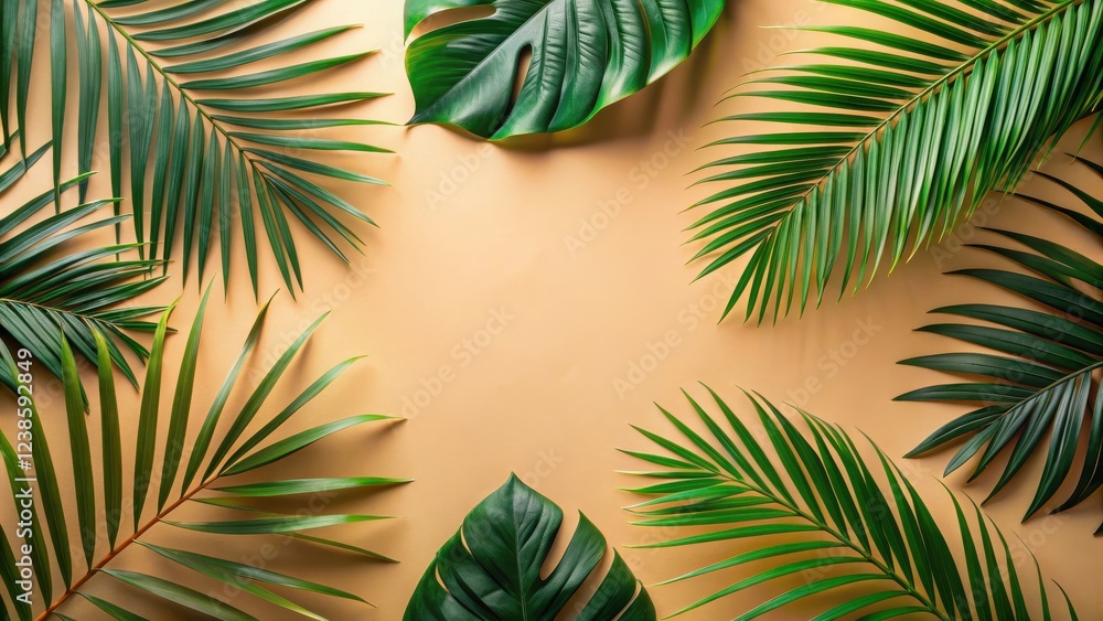Naklejka premium Tropical foliage arrangement, vibrant green palm and monstera leaves on a beige background, creating a natural frame