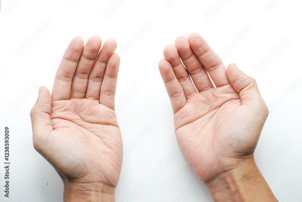 Two male palms front view, palms up. Isolate on a white background. Two hands holding, cherishing, caring about something, love, support, isolated on white background. 