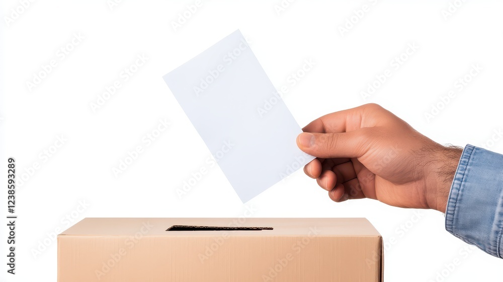 In the bright, well-lit atmosphere of the early afternoon, a voter confidently places their ballot into a cardboard box, participating in the democratic process. In the bright, well-lit atmosphere of the early afternoon, a voter confidently places their ballot into a cardboard box, participating in the democratic process.