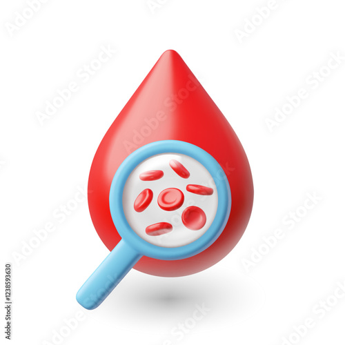 Vector 3d illustration of blood drop with magnifying glass and red blood cells.