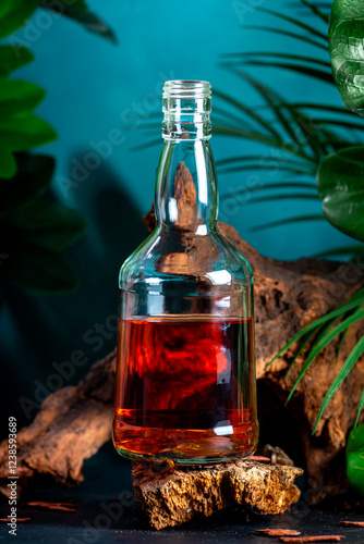 Scotch, whiskey or bourbon in bottle. Dark blue background with old driftwood, leaves and shadows photo