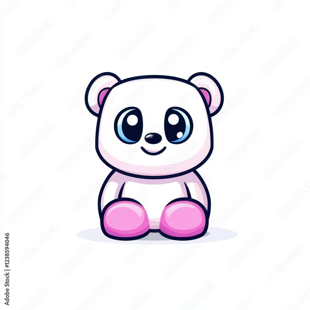 Cute cartoon mascot of a smiling panda with pink accents sitting down on a clean white background, perfect for children's entertainment or brand representation Cute cartoon mascot of a smiling panda with pink accents sitting down on a clean white background, perfect for children's entertainment or brand representation