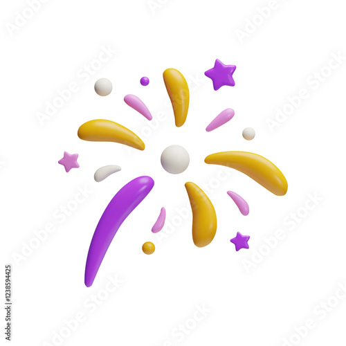 Sparkling light, sparkler, firework explosion, 3D vector festive bang purple and yellow colors, bursting salute, stars