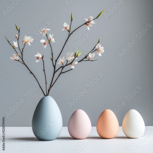 Beautiful pastel Easter eggs with blooming branches arranged elegantly in a modern setting photo