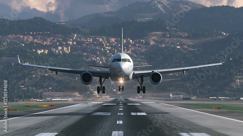 Un Airbus A320 en pleno aterrizaje con el morro ligeramente elevado y los neumÃ¡ticos haciendo contacto con la pista, generando un efecto de fricciÃ³n photo