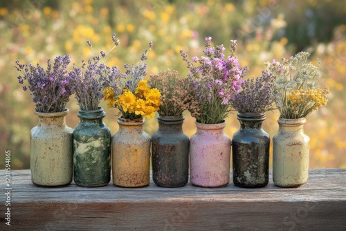 Wallpaper Mural Six rustic jars filled with dried wildflowers, including lavender and yellow blooms, sit on weathered wood against a blurred garden backdrop. Torontodigital.ca