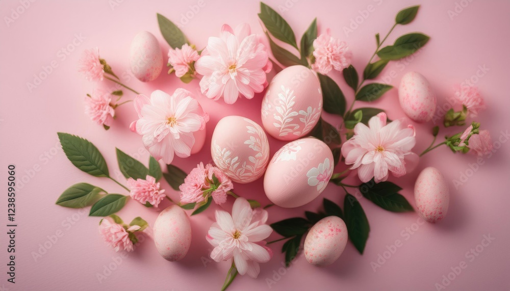 Easter eggs with delicate floral decoration on pink background Easter eggs with delicate floral decoration on pink background