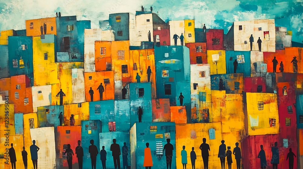 Fototapeta premium Vibrant portrayal of societal impacts of migration urbanization diverse demographics ar 169 no logo v 61 darya relaxed Create explore and organize on midjourneycomhttpsmidjourneycomimaginefromdiscord1