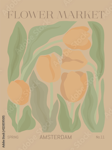 Aesthetic contemporary floral poster with tulips composition. Spring time trendy vector illustration.