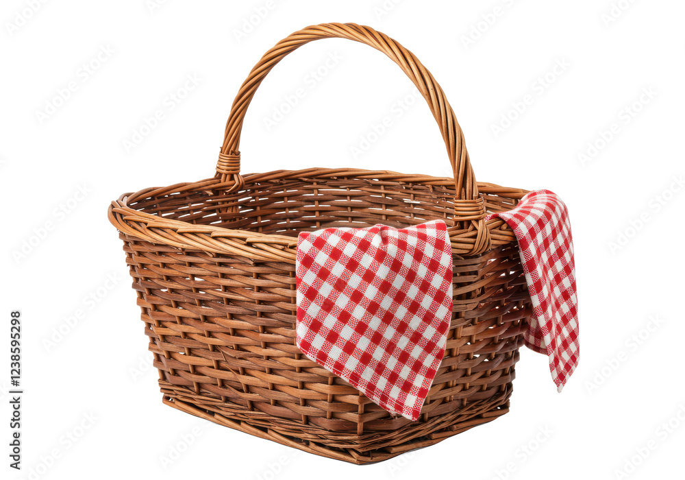Rustic wicker basket with a curved handle and a red and white checkered cloth draped over the side, isolated on white background Rustic wicker basket with a curved handle and a red and white checkered cloth draped over the side, isolated on white background