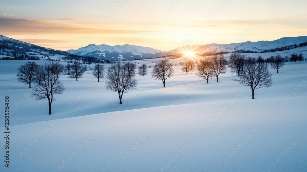 Snowy landscapes nature idea. A serene winter landscape with snow-covered fields and trees under a sunset glow. Snowy landscapes nature idea. A serene winter landscape with snow-covered fields and trees under a sunset glow.