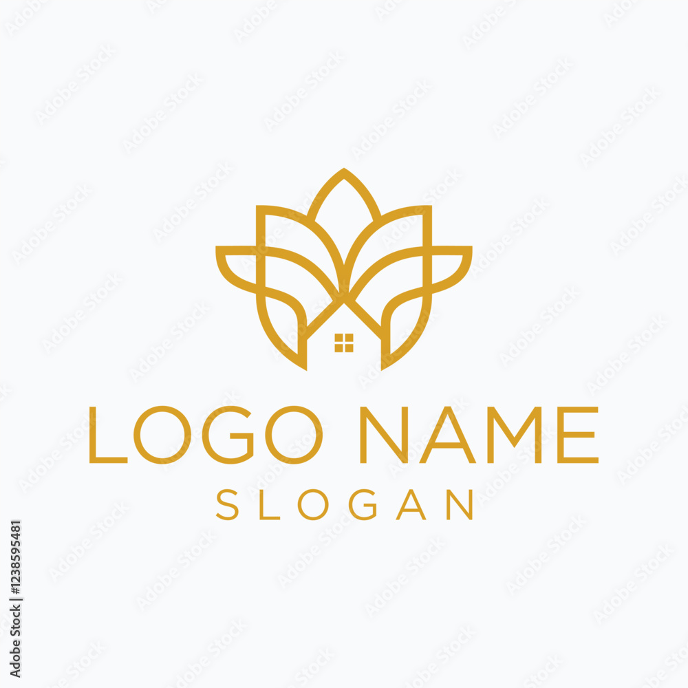 Lotus House Logo Design, Golden Linear Home Flower Icon Lotus House Logo Design, Golden Linear Home Flower Icon