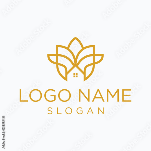 Lotus House Logo Design, Golden Linear Home Flower Icon
