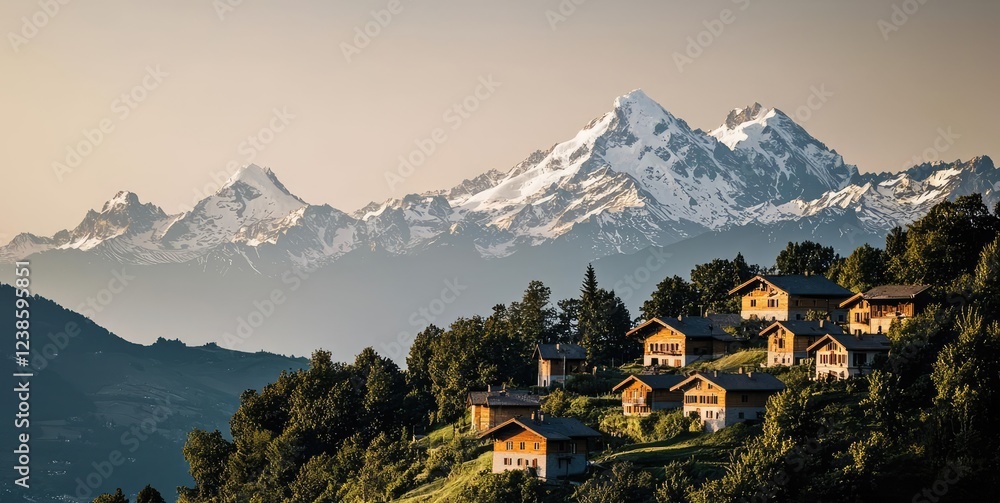 Fototapeta premium Mountain village nature concept. Beautiful mountain landscape with serene village and snow-capped peaks in the background.