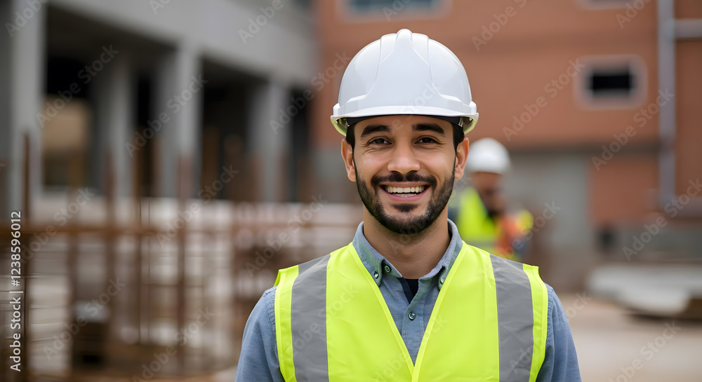 caucassian construction worker smiling with his work at the background caucassian construction worker smiling with his work at the background