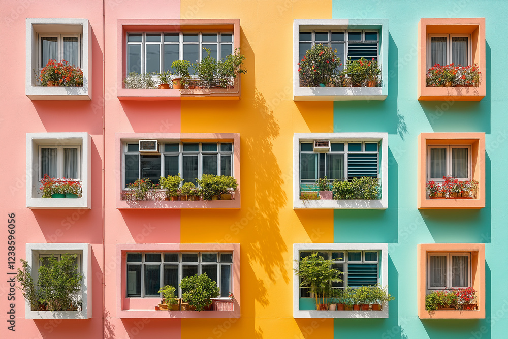 A colorful building with many windows and balconies A colorful building with many windows and balconies