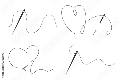 Set needle with thread doodle simple icon, line embroidery decoration. Curvy thread sewing, tailor tool silhouette. 