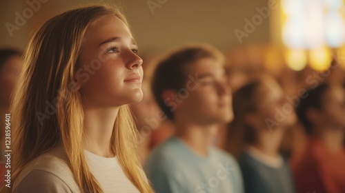 Portrait of a young girl gazing thoughtfully during a gathering in a bright, sunlit indoor space filled with the presence of peers and deep connections