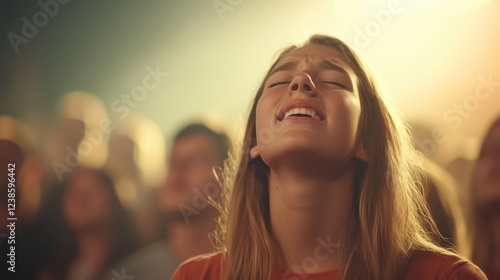 Emotional moment captured during a concert, showcasing a young woman lost in music and light, surrounded by an engaged crowd in a vibrant atmosphere photo