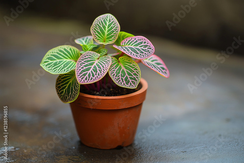 A small plant in a pot with green and pink leaves photo