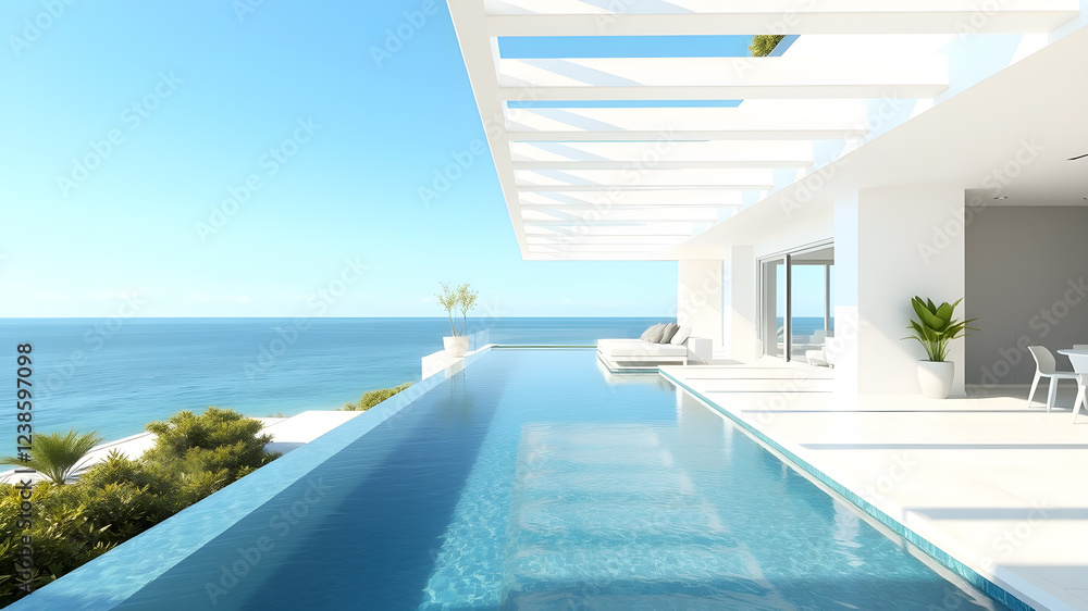 Obraz premium Luxury sea view swimming pool in modern white beach house - 3d rendering. Generative AI