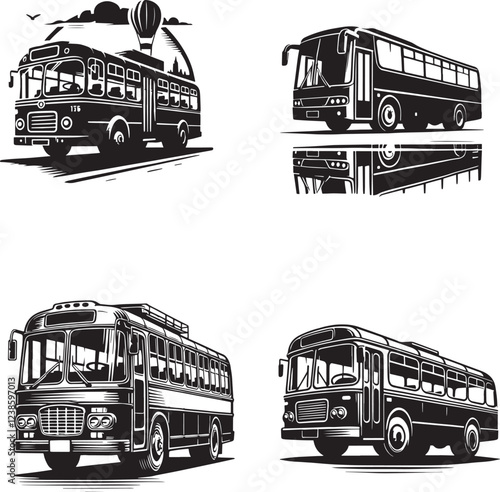 Buss black and white silhouette assets in vector 