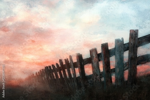 Old wooden fence stretches across a hazy, sunset-colored landscape. photo