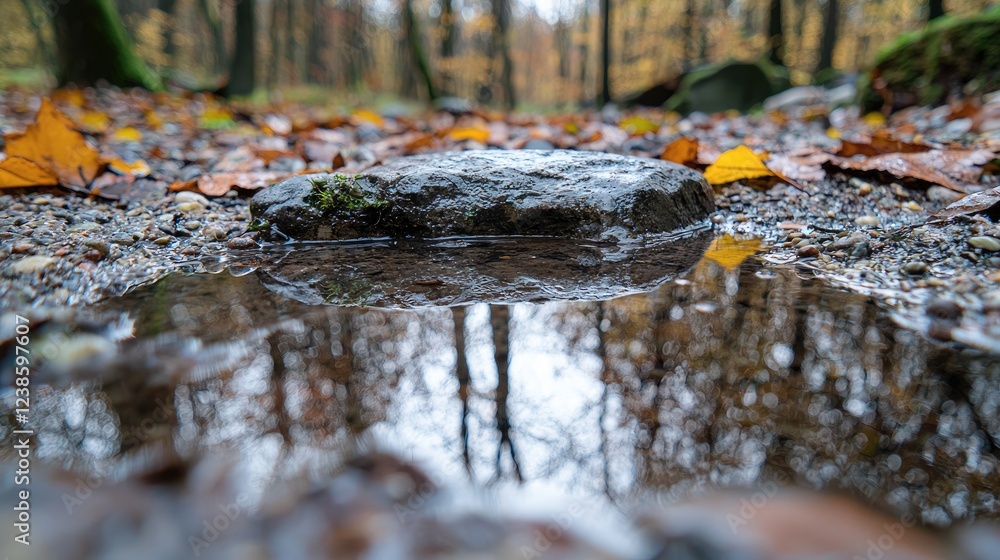 Autumn puddle reflection forest path Autumn puddle reflection forest path