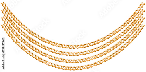 Multilayer Trendy Gold Chains Necklace On White Background, Unique Fine Jewelry Vector Illustration.	