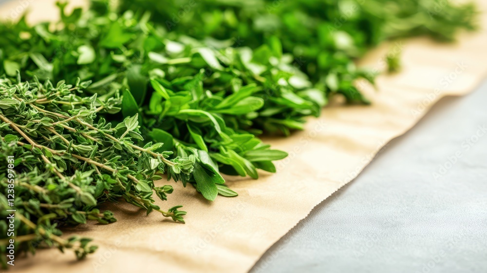 Fresh and dried thyme and oregano arranged on a parchment paper backdrop during a culinary preparation session in a kitchen setting Fresh and dried thyme and oregano arranged on a parchment paper backdrop during a culinary preparation session in a kitchen setting