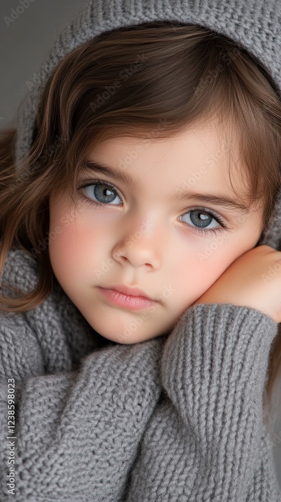 Young child with captivating blue eyes resting her head on her hand in a cozy setting designed for creatives, showcasing a backdrop that embodies chaos with a calm demeanor Young child with captivating blue eyes resting her head on her hand in a cozy setting designed for creatives, showcasing a backdrop that embodies chaos with a calm demeanor