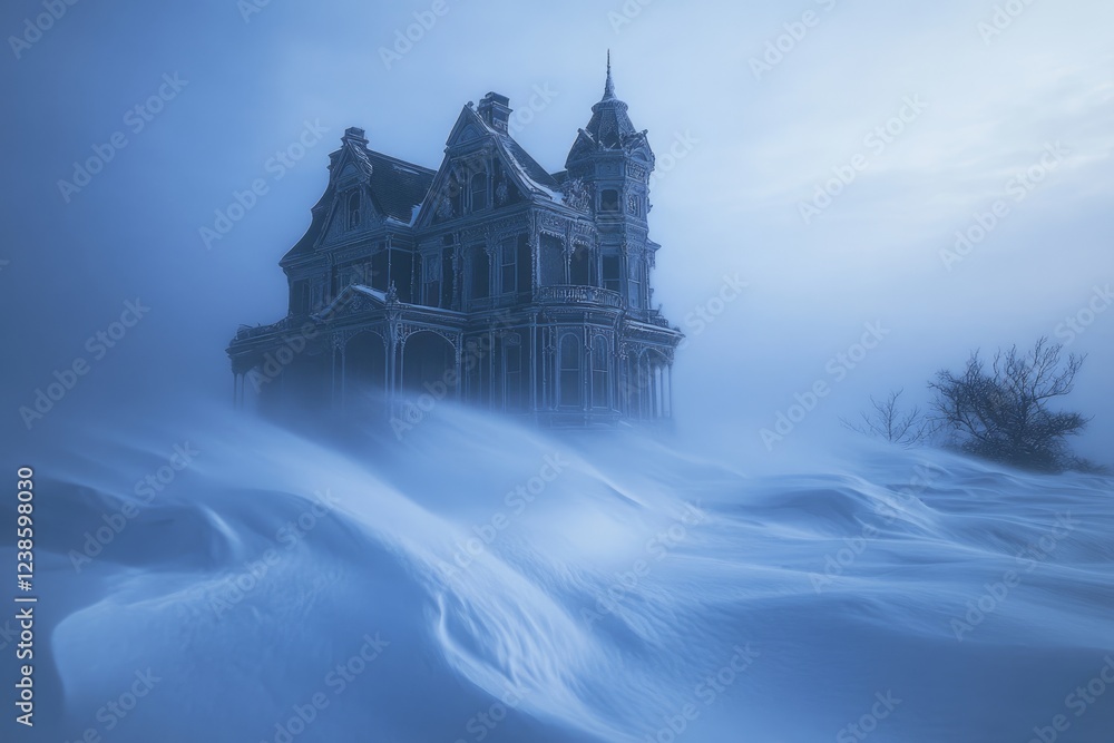 Obraz premium A snow-covered Victorian mansion stands alone in a blizzard, a scene of serene desolation.