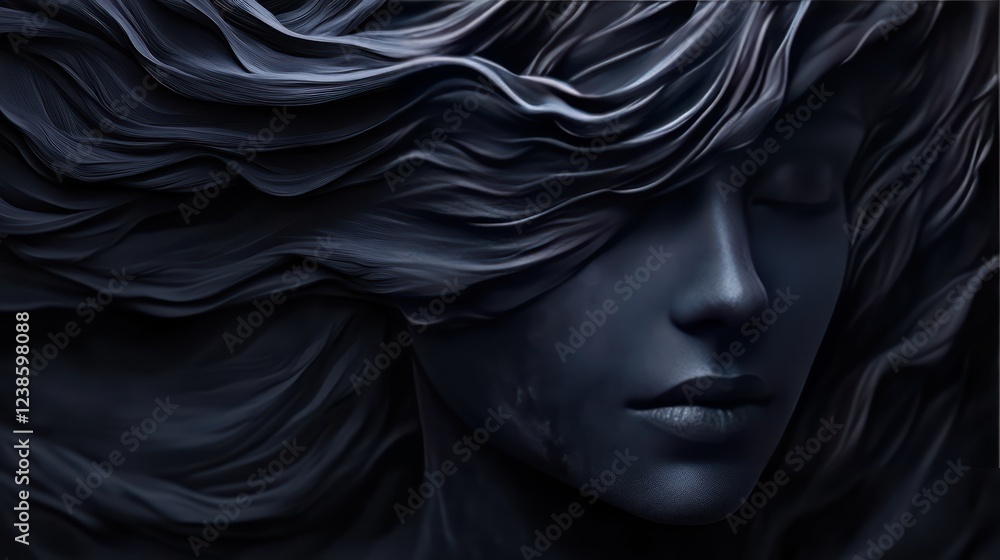 Abstract dark wave woman face with sharp contrasting colors and textured, flowing waves on a dark, smoky gray background Abstract dark wave woman face with sharp contrasting colors and textured, flowing waves on a dark, smoky gray background