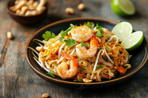 A plate of food with shrimp and lime on it