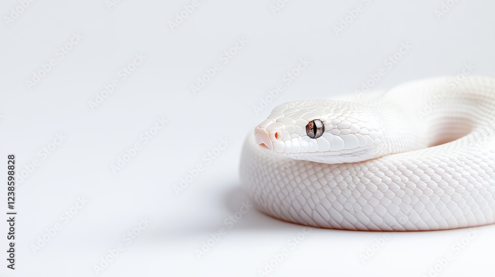 Fototapeta premium Elegant lunar snake against a white background showcasing its smooth scales and unique eye color, perfect for nature enthusiasts and reptile lovers